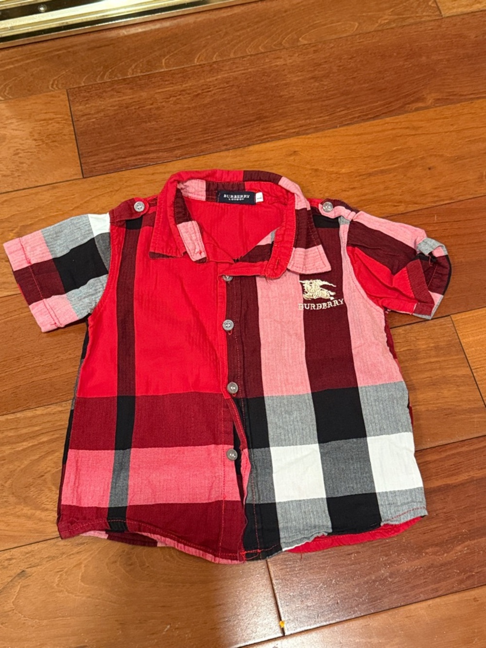 Burberry Red, Black & White Plaid Short-Sleeve Button-Down Shirt for Kids